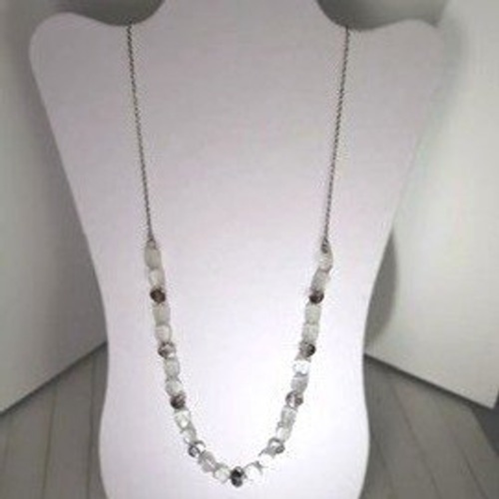 Talbots NOS Long Silver Chain Mother of Pearl Shell Metallic Station Necklace